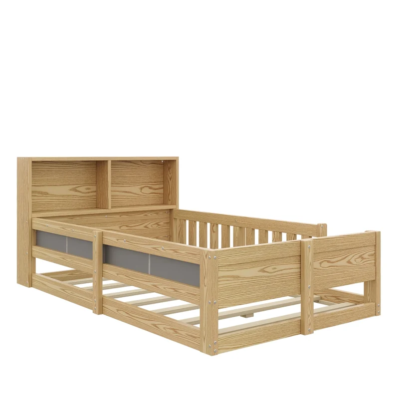 Letto per bambini 90x200 cm con sponde di sicurezza; testiera contenitore e luce LED; effetto naturale