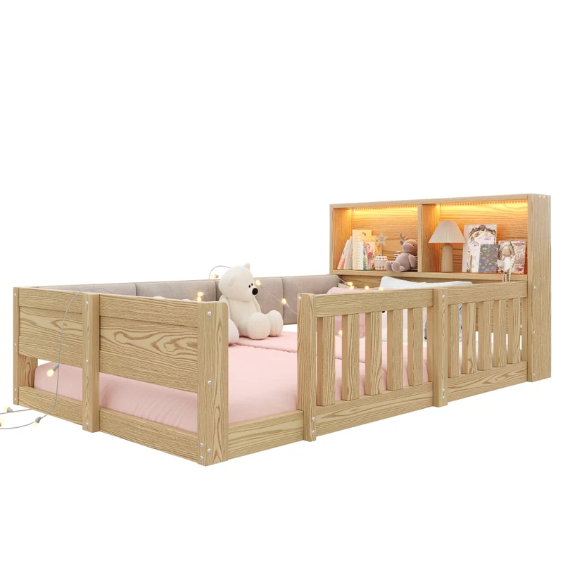 Letto per bambini 90x200 cm con sponde di sicurezza; testiera contenitore e luce LED; effetto naturale