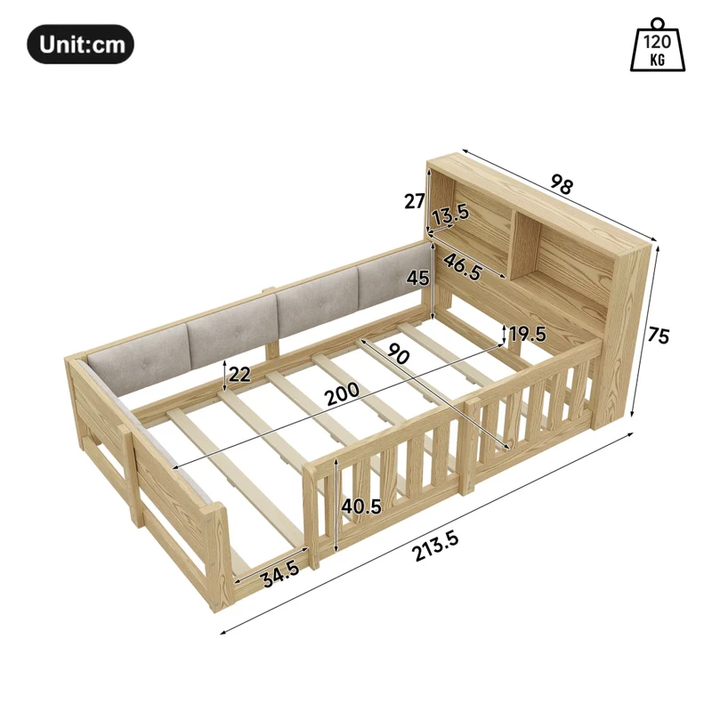 Letto per bambini 90x200 cm con sponde di sicurezza; testiera contenitore e luce LED; effetto naturale