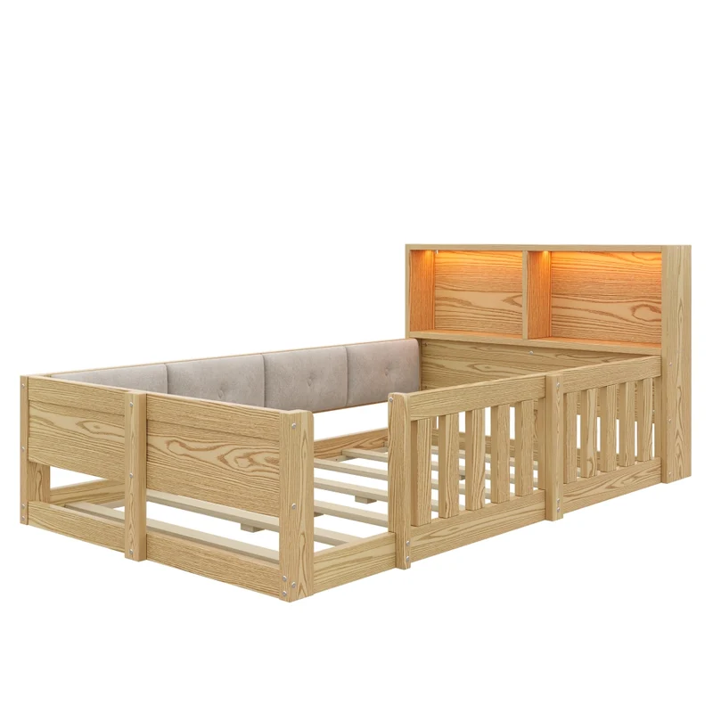 Letto per bambini 90x200 cm con sponde di sicurezza; testiera contenitore e luce LED; effetto naturale