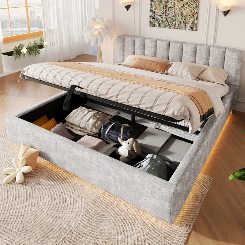Letto matrimoniale imbottito 180x200 cm con contenitore idraulico; testiera alta e LED; ciniglia grigio chiaro