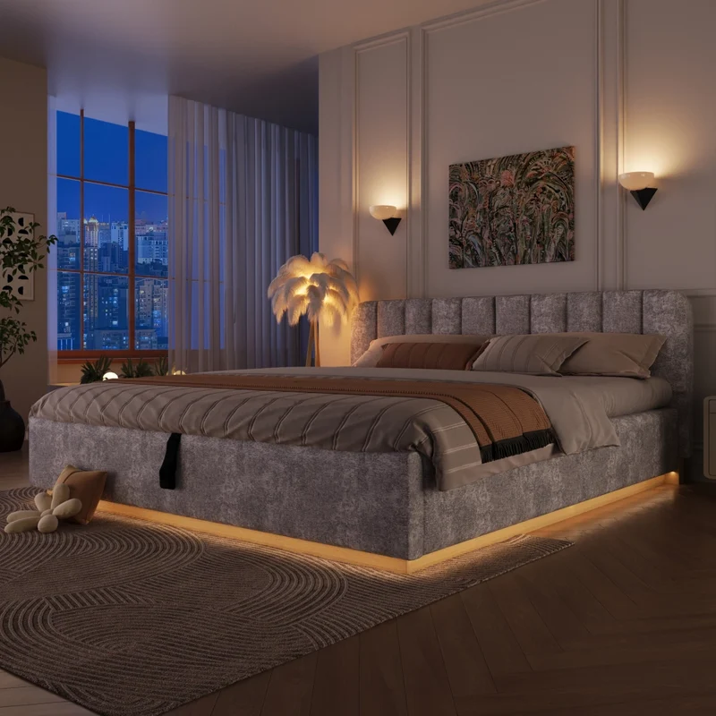Letto matrimoniale imbottito 180x200 cm con contenitore idraulico; testiera alta e LED; ciniglia grigio chiaro