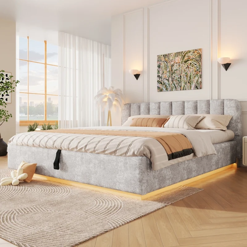 Letto matrimoniale imbottito 180x200 cm con contenitore idraulico; testiera alta e LED; ciniglia grigio chiaro