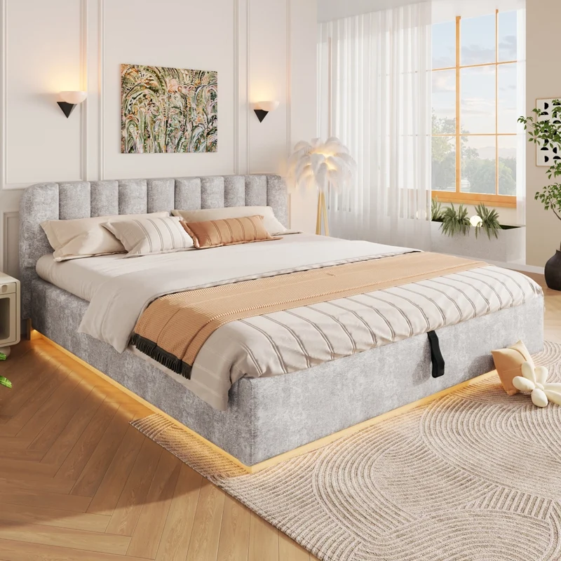 Letto matrimoniale imbottito 180x200 cm con contenitore idraulico; testiera alta e LED; ciniglia grigio chiaro