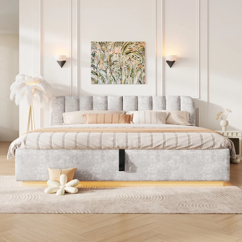 Letto matrimoniale imbottito 180x200 cm con contenitore idraulico; testiera alta e LED; ciniglia grigio chiaro