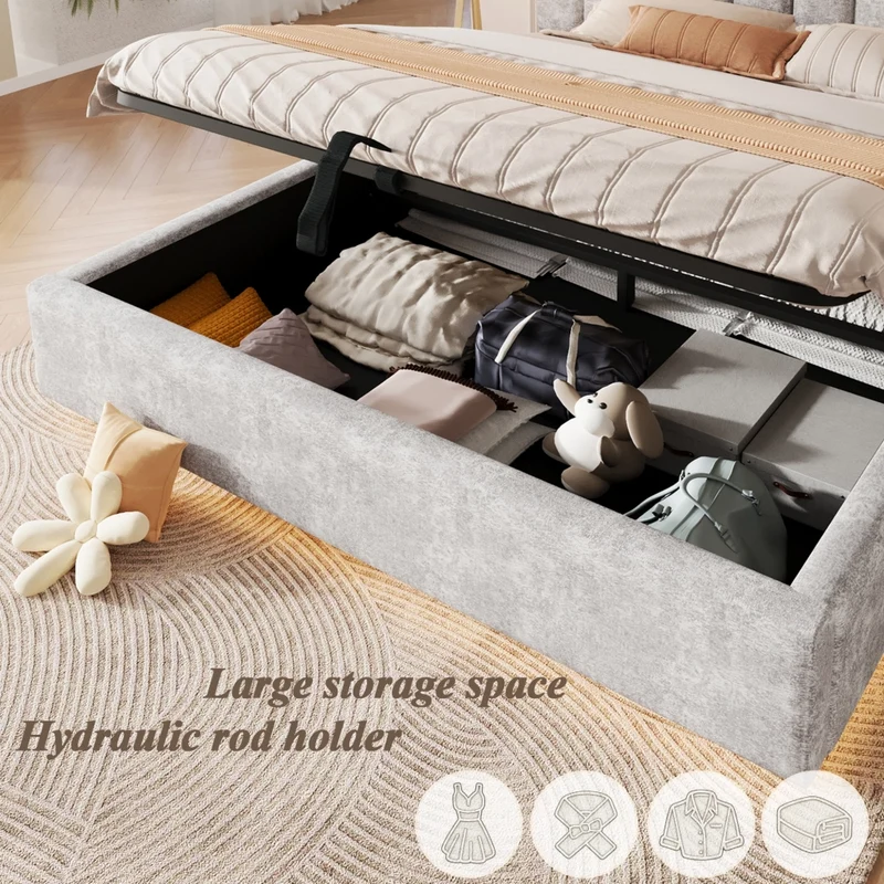 Letto matrimoniale imbottito 180x200 cm con contenitore idraulico; testiera alta e LED; ciniglia grigio chiaro