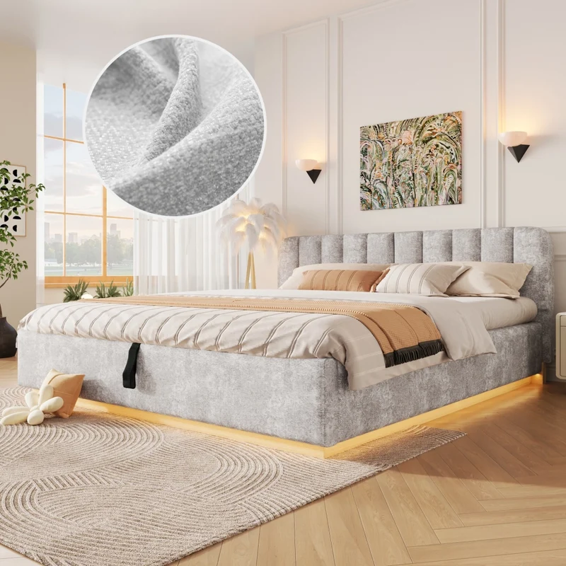 Letto matrimoniale imbottito 180x200 cm con contenitore idraulico; testiera alta e LED; ciniglia grigio chiaro
