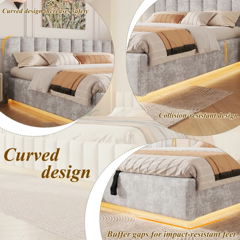 Letto matrimoniale imbottito 180x200 cm con contenitore idraulico; testiera alta e LED; ciniglia grigio chiaro