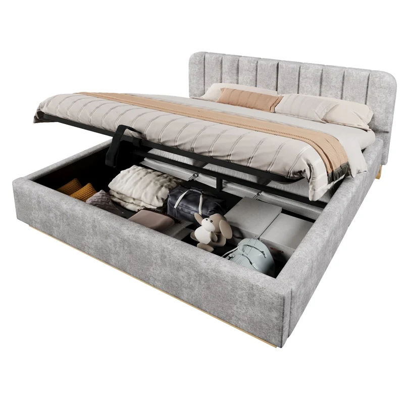 Letto matrimoniale imbottito 180x200 cm con contenitore idraulico; testiera alta e LED; ciniglia grigio chiaro