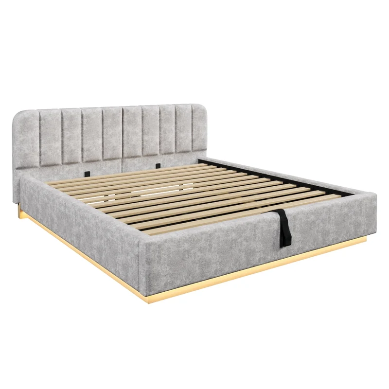 Letto matrimoniale imbottito 180x200 cm con contenitore idraulico; testiera alta e LED; ciniglia grigio chiaro