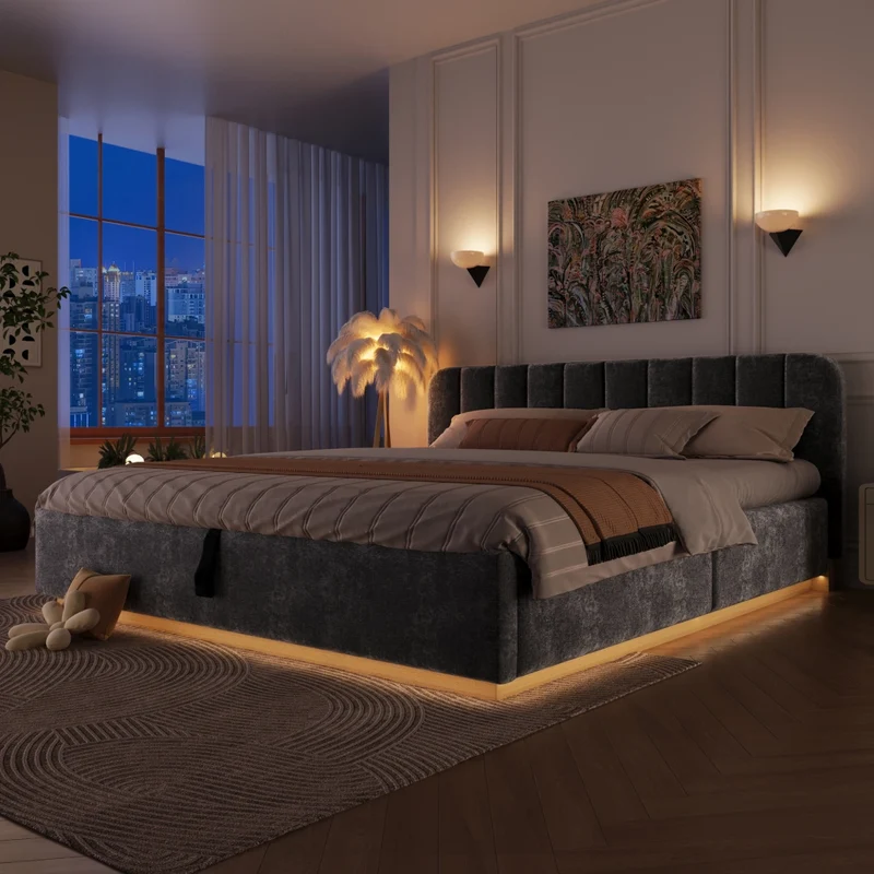 Letto matrimoniale imbottito 180x200 cm con contenitore idraulico e rete a doghe; ciniglia antracite