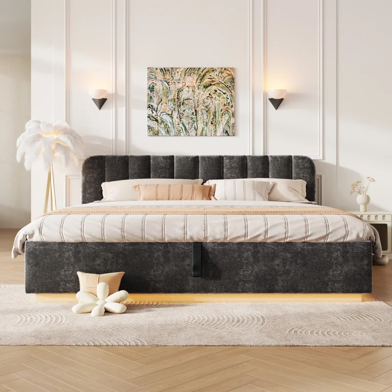 Letto matrimoniale imbottito 180x200 cm con contenitore idraulico e rete a doghe; ciniglia antracite