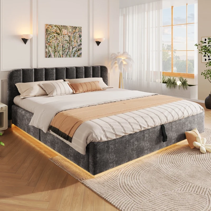 Letto matrimoniale imbottito 180x200 cm con contenitore idraulico e rete a doghe; ciniglia antracite