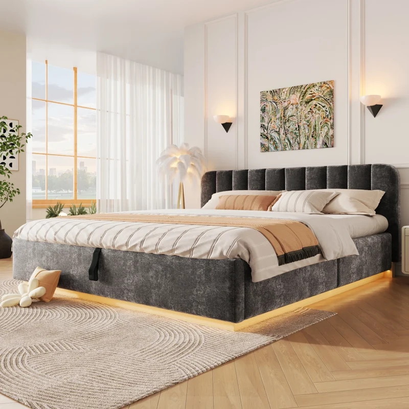 Letto matrimoniale imbottito 180x200 cm con contenitore idraulico e rete a doghe; ciniglia antracite
