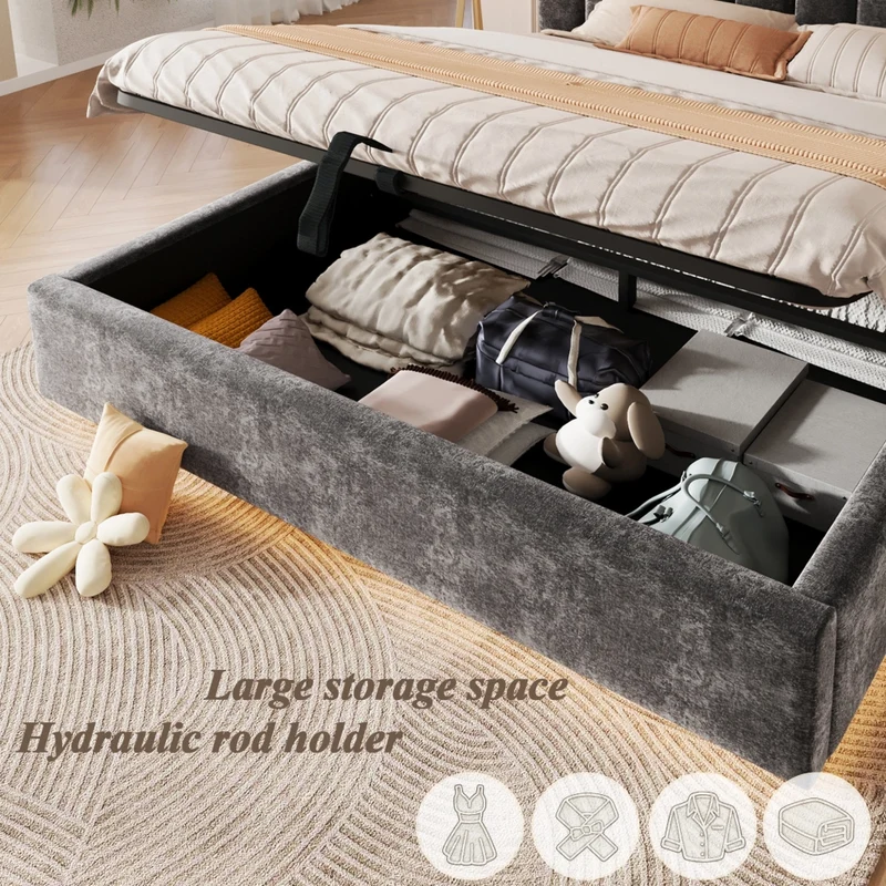 Letto matrimoniale imbottito 180x200 cm con contenitore idraulico e rete a doghe; ciniglia antracite