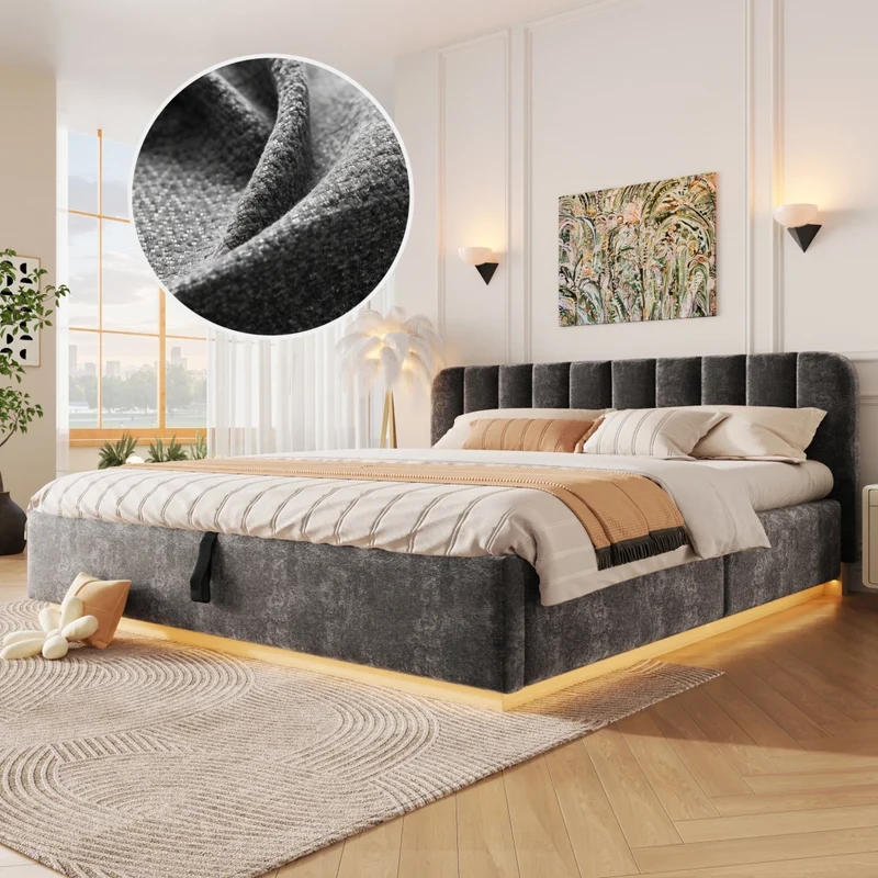 Letto matrimoniale imbottito 180x200 cm con contenitore idraulico e rete a doghe; ciniglia antracite