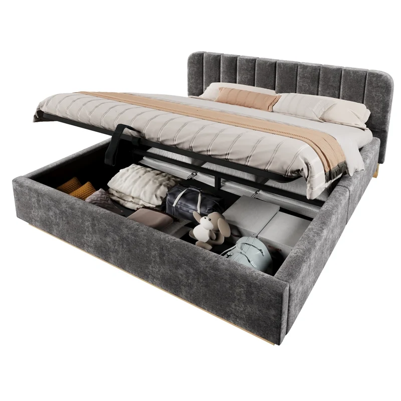 Letto matrimoniale imbottito 180x200 cm con contenitore idraulico e rete a doghe; ciniglia antracite