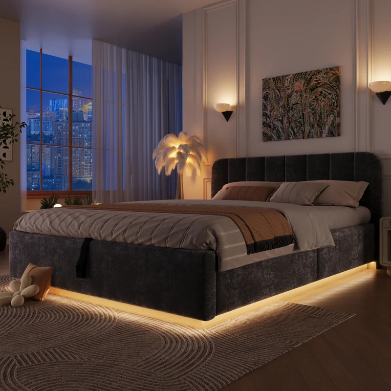 Letto matrimoniale imbottito 140x200 cm con contenitore; rete a doghe; LED e rivestimento in ciniglia grigio antracite