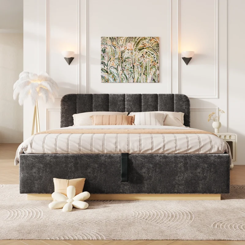 Letto matrimoniale imbottito 140x200 cm con contenitore; rete a doghe; LED e rivestimento in ciniglia grigio antracite