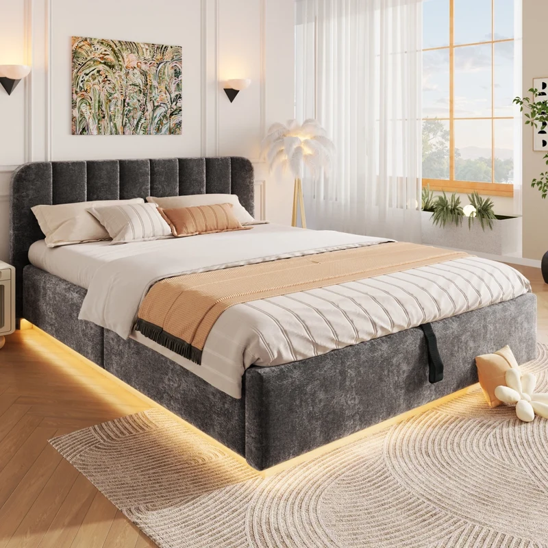 Letto matrimoniale imbottito 140x200 cm con contenitore; rete a doghe; LED e rivestimento in ciniglia grigio antracite