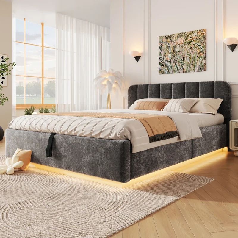 Letto matrimoniale imbottito 140x200 cm con contenitore; rete a doghe; LED e rivestimento in ciniglia grigio antracite