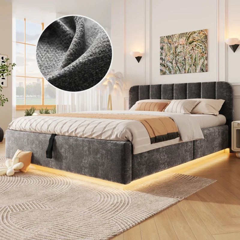 Letto matrimoniale imbottito 140x200 cm con contenitore; rete a doghe; LED e rivestimento in ciniglia grigio antracite