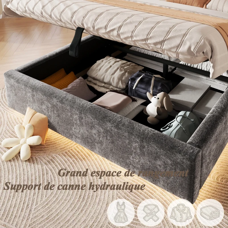 Letto matrimoniale imbottito 140x200 cm con contenitore; rete a doghe; LED e rivestimento in ciniglia grigio antracite
