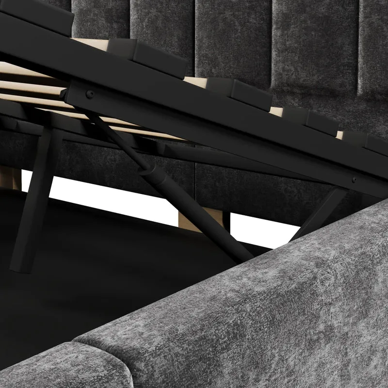 Letto matrimoniale imbottito 140x200 cm con contenitore; rete a doghe; LED e rivestimento in ciniglia grigio antracite