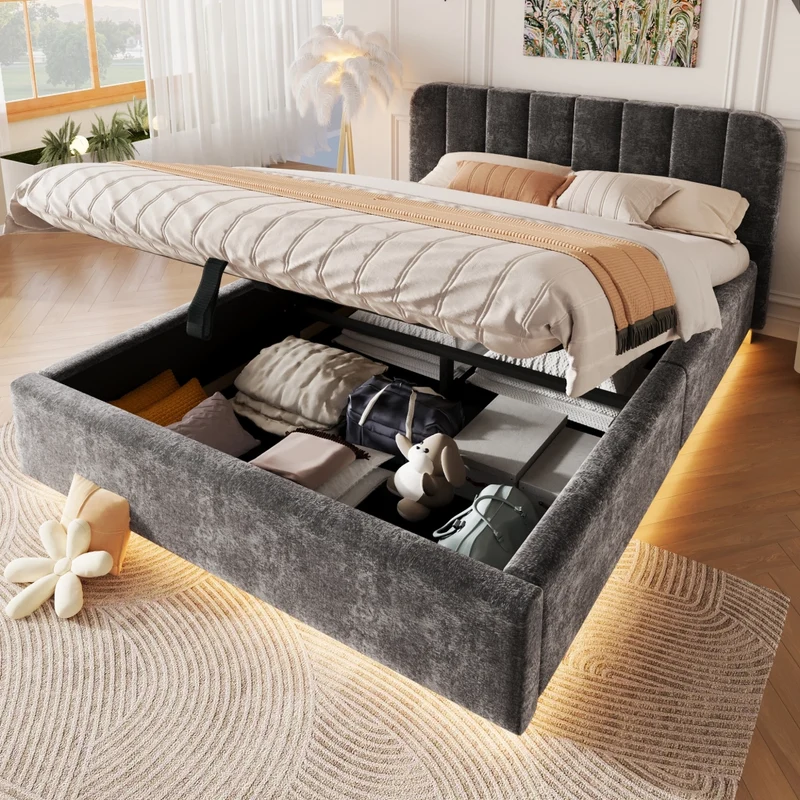 Letto matrimoniale imbottito 140x200 cm con contenitore; rete a doghe; LED e rivestimento in ciniglia grigio antracite