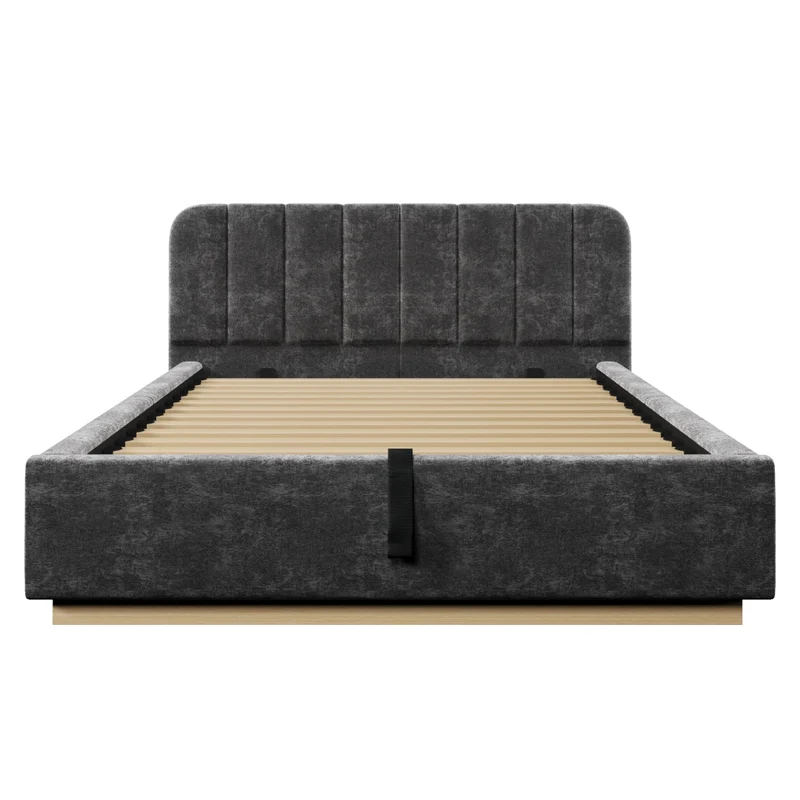 Letto matrimoniale imbottito 140x200 cm con contenitore; rete a doghe; LED e rivestimento in ciniglia grigio antracite