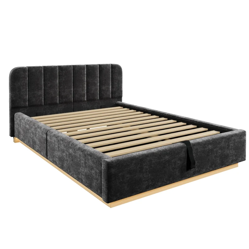 Letto matrimoniale imbottito 140x200 cm con contenitore; rete a doghe; LED e rivestimento in ciniglia grigio antracite