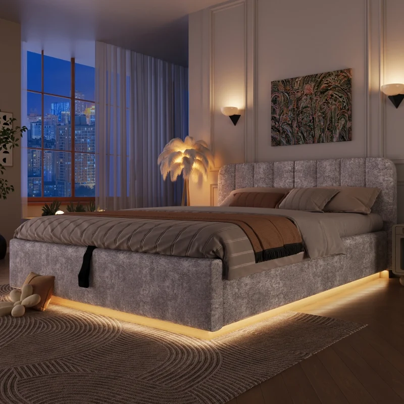 Letto matrimoniale imbottito 140 x 200 cm con contenitore idraulico; luce LED e rivestimento in ciniglia grigio chiaro