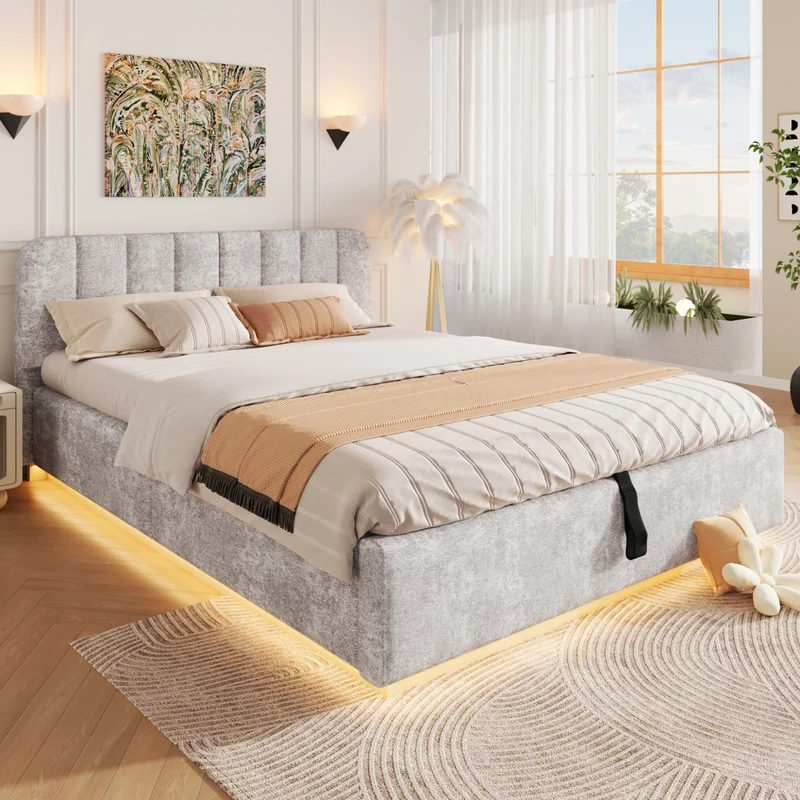 Letto matrimoniale imbottito 140 x 200 cm con contenitore idraulico; luce LED e rivestimento in ciniglia grigio chiaro
