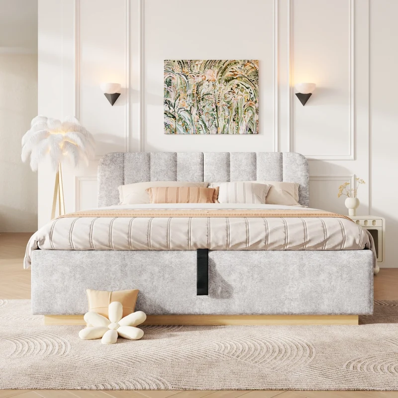 Letto matrimoniale imbottito 140 x 200 cm con contenitore idraulico; luce LED e rivestimento in ciniglia grigio chiaro