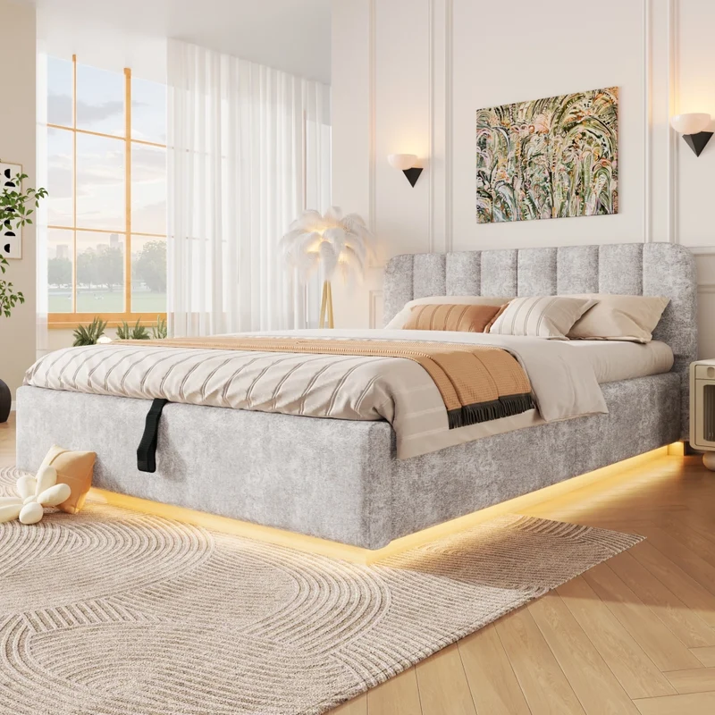 Letto matrimoniale imbottito 140 x 200 cm con contenitore idraulico; luce LED e rivestimento in ciniglia grigio chiaro