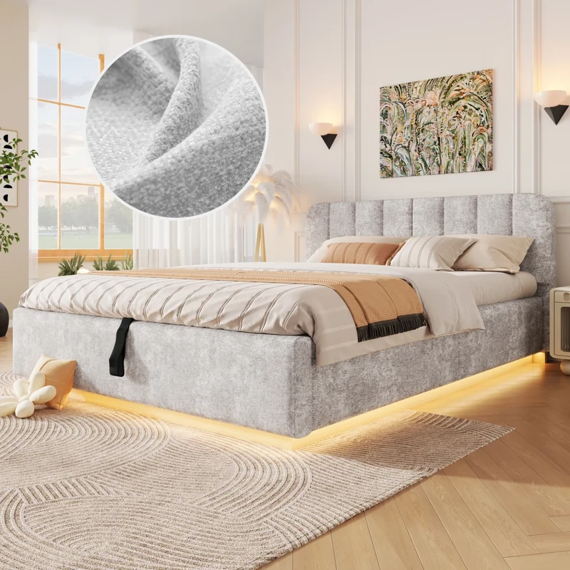 Letto matrimoniale imbottito 140 x 200 cm con contenitore idraulico; luce LED e rivestimento in ciniglia grigio chiaro