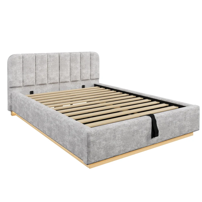 Letto matrimoniale imbottito 140 x 200 cm con contenitore idraulico; luce LED e rivestimento in ciniglia grigio chiaro
