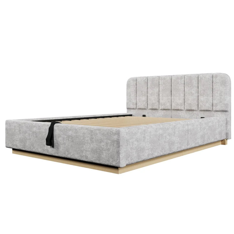 Letto matrimoniale imbottito 140 x 200 cm con contenitore idraulico; luce LED e rivestimento in ciniglia grigio chiaro