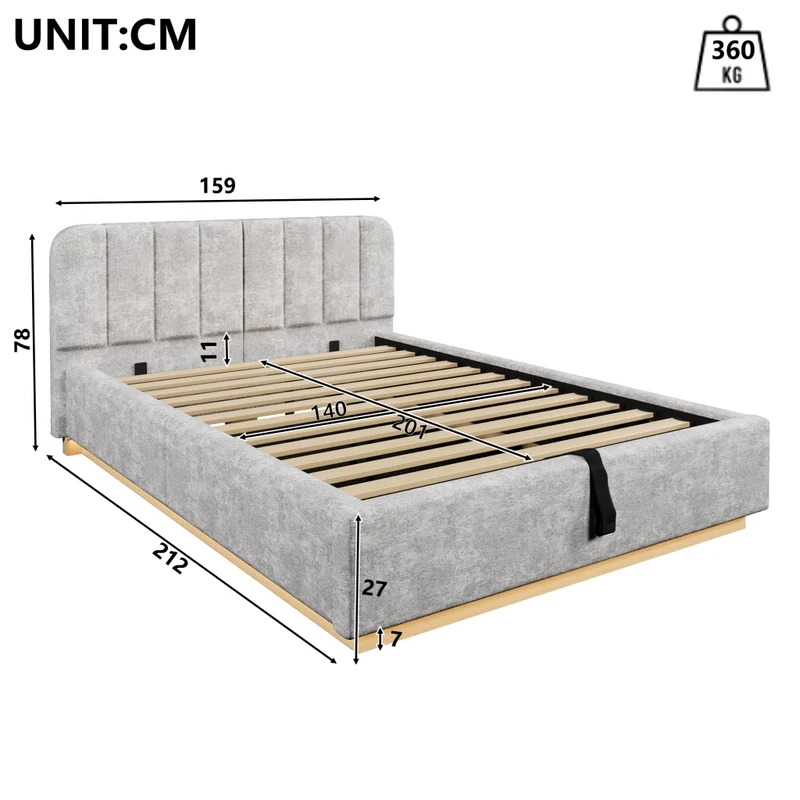 Letto matrimoniale imbottito 140 x 200 cm con contenitore idraulico; luce LED e rivestimento in ciniglia grigio chiaro