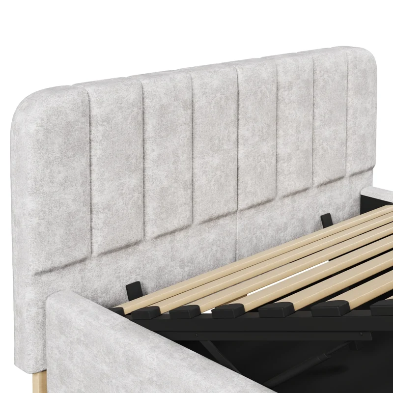 Letto matrimoniale imbottito 140 x 200 cm con contenitore idraulico; luce LED e rivestimento in ciniglia grigio chiaro