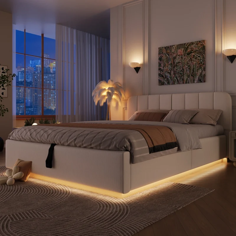 Letto matrimoniale imbottito 140x200 cm con contenitore idraulico; testiera e luci LED; beige in ciniglia