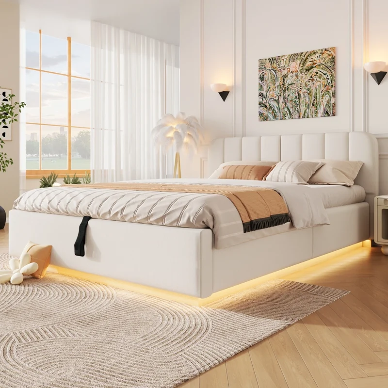 Letto matrimoniale imbottito 140x200 cm con contenitore idraulico; testiera e luci LED; beige in ciniglia