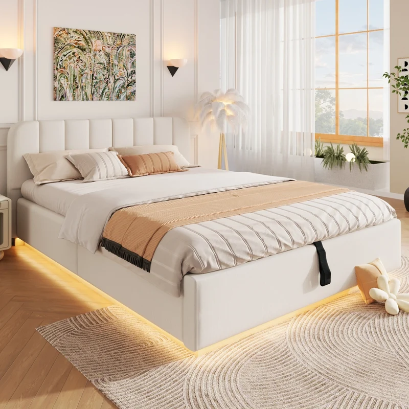Letto matrimoniale imbottito 140x200 cm con contenitore idraulico; testiera e luci LED; beige in ciniglia
