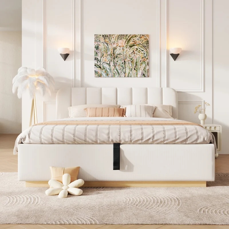 Letto matrimoniale imbottito 140x200 cm con contenitore idraulico; testiera e luci LED; beige in ciniglia