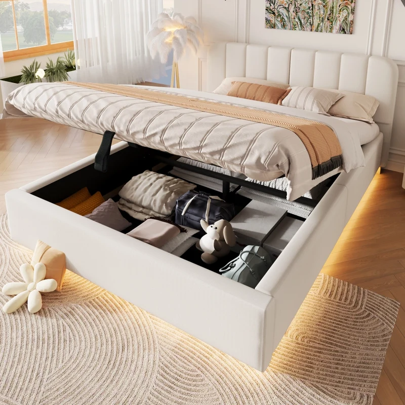 Letto matrimoniale imbottito 140x200 cm con contenitore idraulico; testiera e luci LED; beige in ciniglia
