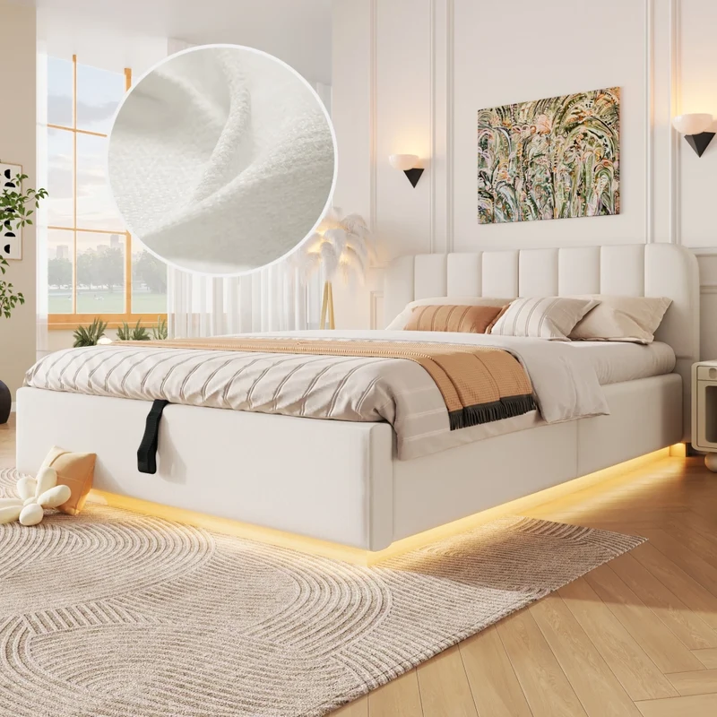 Letto matrimoniale imbottito 140x200 cm con contenitore idraulico; testiera e luci LED; beige in ciniglia