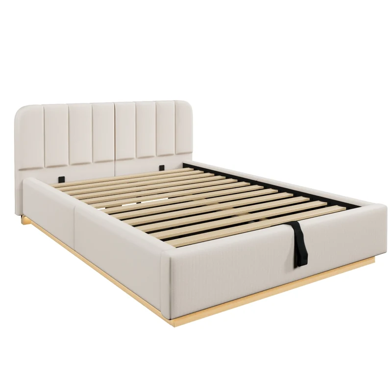 Letto matrimoniale imbottito 140x200 cm con contenitore idraulico; testiera e luci LED; beige in ciniglia