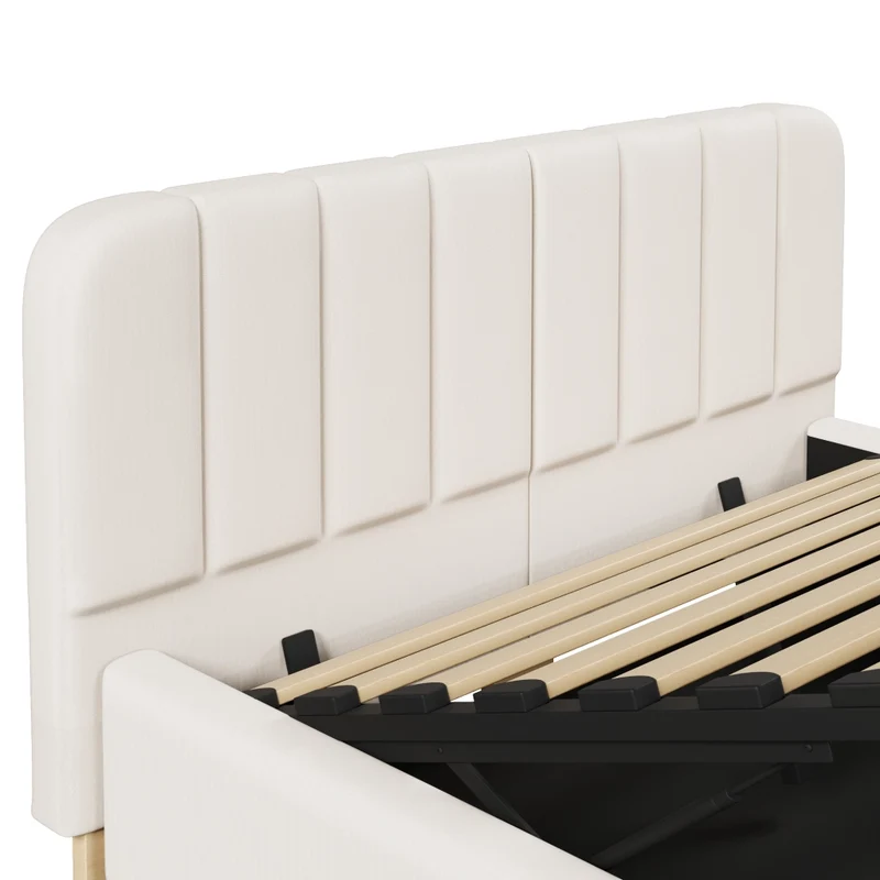 Letto matrimoniale imbottito 140x200 cm con contenitore idraulico; testiera e luci LED; beige in ciniglia