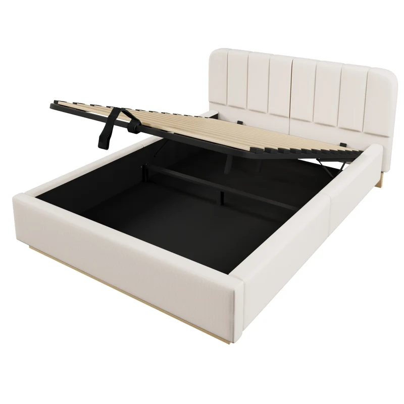 Letto matrimoniale imbottito 140x200 cm con contenitore idraulico; testiera e luci LED; beige in ciniglia