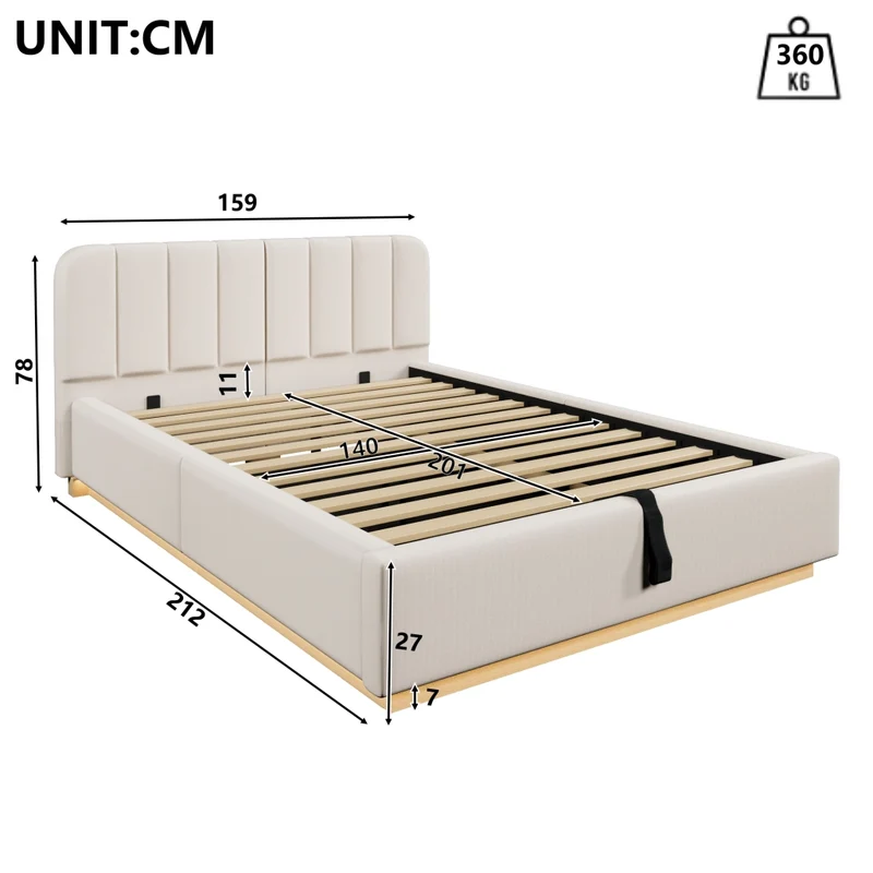 Letto matrimoniale imbottito 140x200 cm con contenitore idraulico; testiera e luci LED; beige in ciniglia